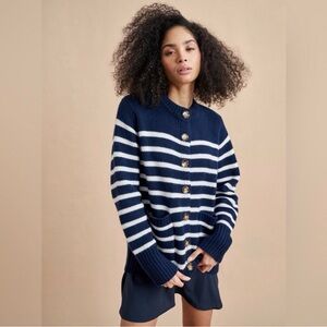 La Ligne XS Marin Cardigan Wool + Cashmere Chunky Navy Cream Stripe Sweater